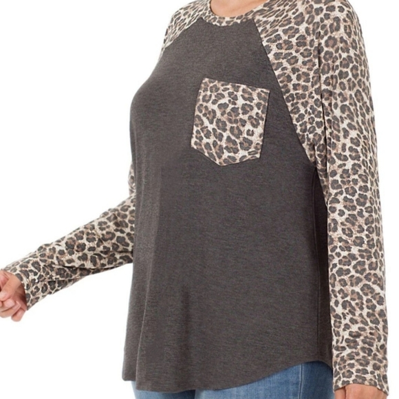 CHARCOAL LONG SLEEVE WITH LEOPARD PRINT POCKET - Picture 1 of 3